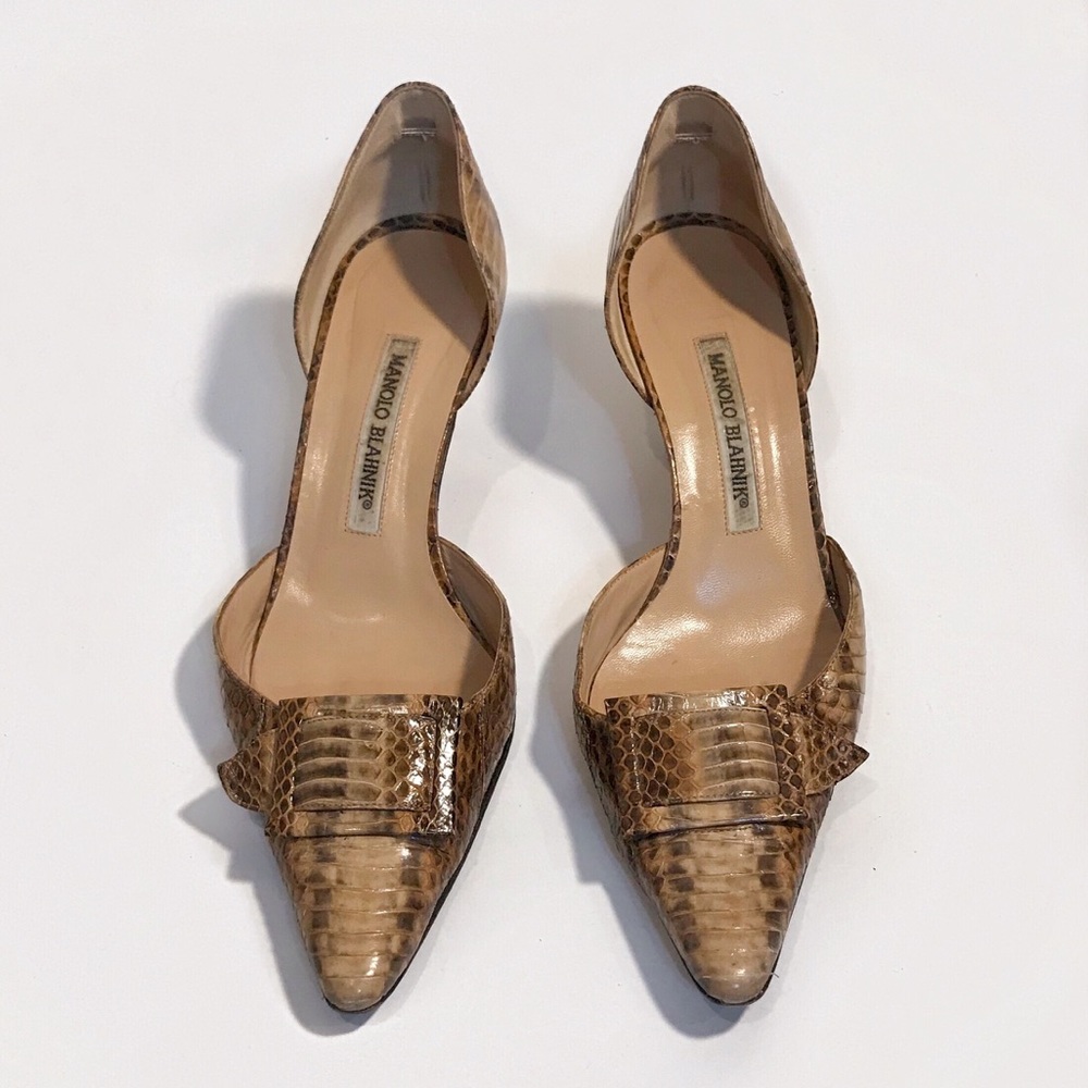 Manolo Blahnik Leather Snake Skin Kitten Heel